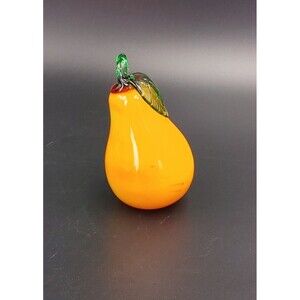 Vintage Art Glass Pear Hand Blown Paperweight Orange Yellow MCM Figurine Display